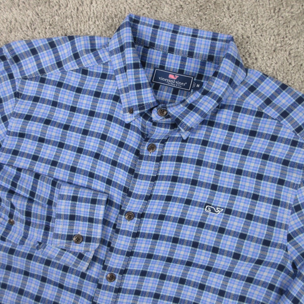 Vineyard Vines Shirt Men Medium Blue Plaid Twill Flannel Stretch Whale Button Up